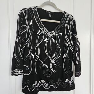 Once Again Women's  Large Black & White 3/4 Sleeve Pullover Top Fancy Dressy‎